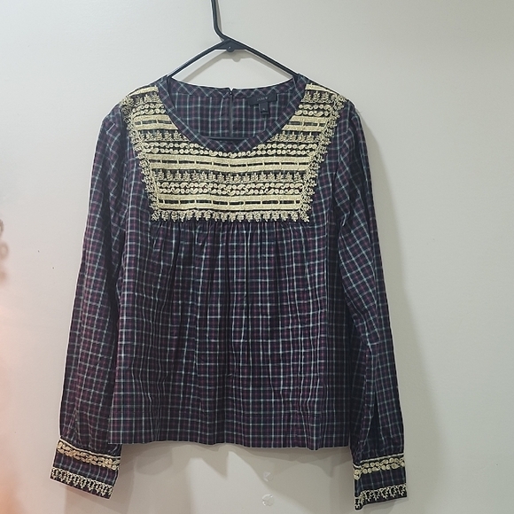 J. Crew Tops - J. Crew Checkered Blouse with Lace Detail